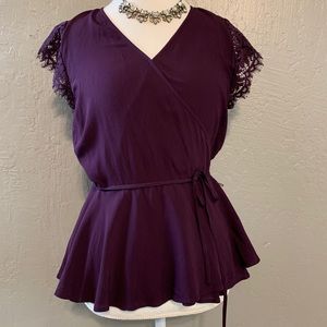 LOFT Wrap Top w/ Lace Cap Sleeve